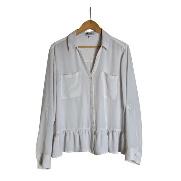 Express Women's Chiffon Rolled Tab Sleeve Button Up Ruffle Hem Top Sz XL Oyster - Picture 1 of 5